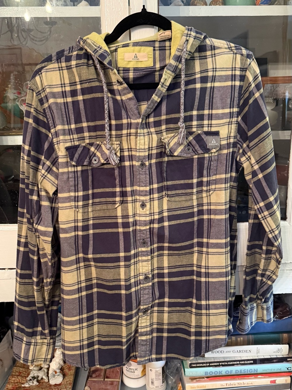 Ascend Yellow and Navy Plaid Hooded Button-Down Shirt